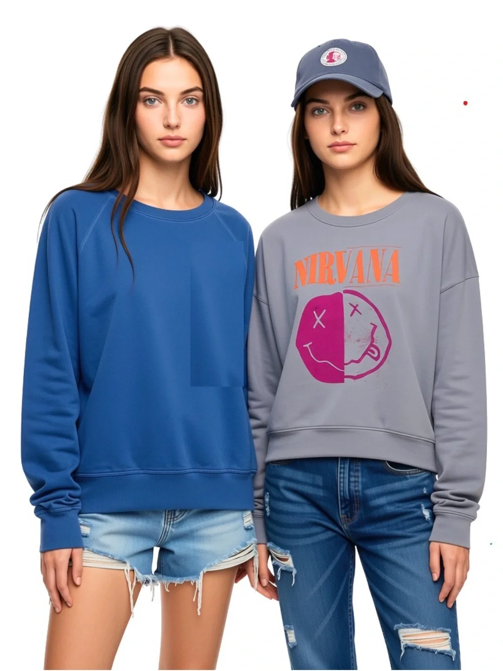 Old Navy Set of 2 Girls Sweatshirts - Gray Nirvana Graphic Cropped, Teal Crew
